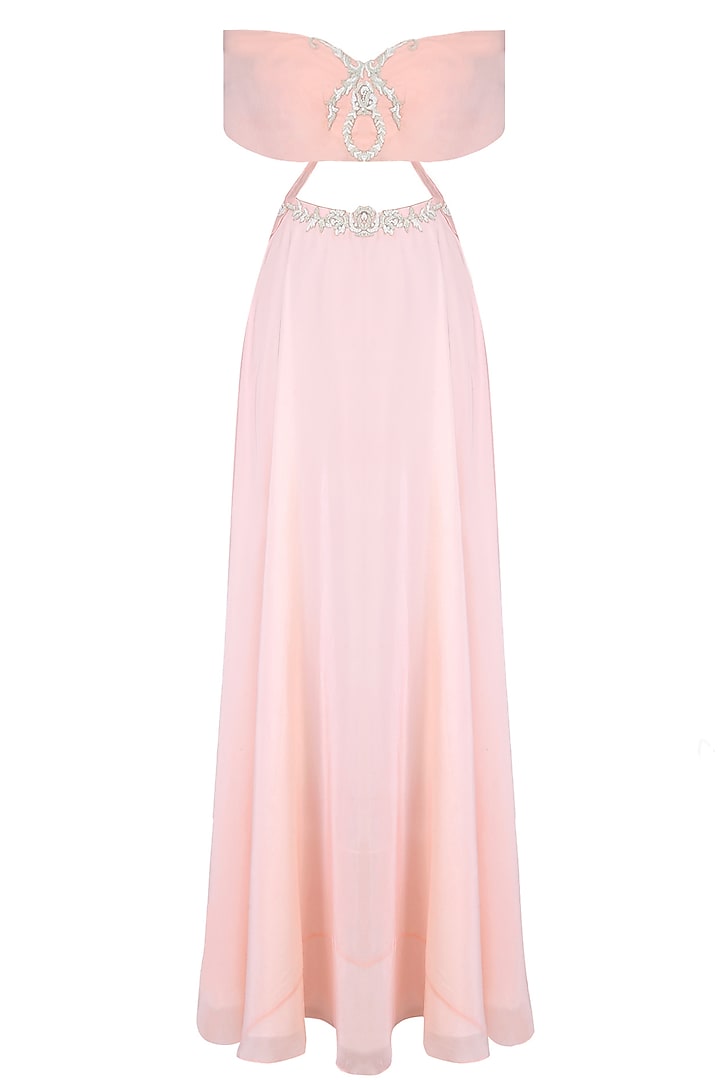 Pink rose motifs off shoulder maxi with tights and dupatta available only at Pernia's Pop Up Shop.