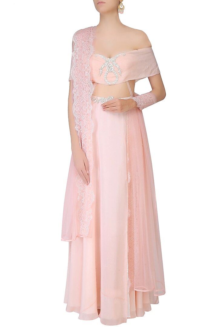 Pink rose motifs off shoulder maxi with tights and dupatta available only at Pernia's Pop Up Shop.