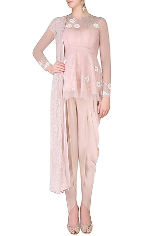 Lilac Floral Lace Work Vintage Peplum Top And Dhoti Pants Set by The little black bow