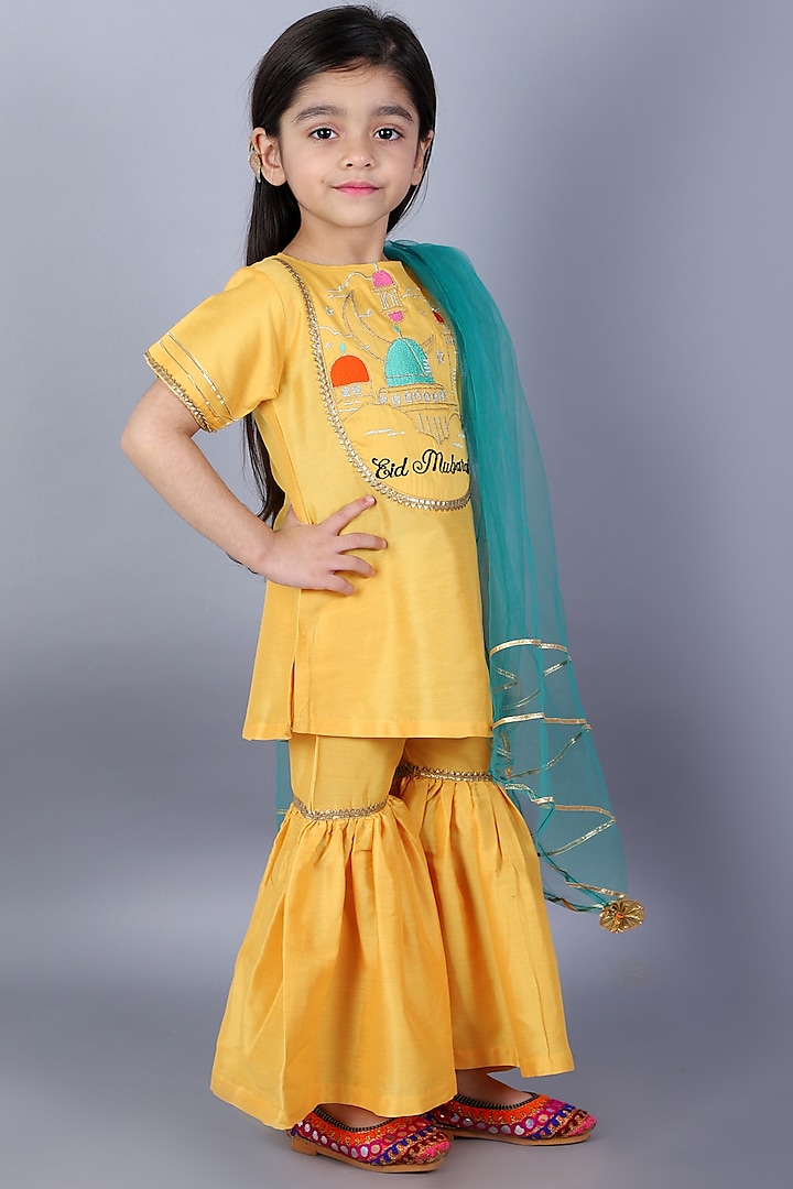 Yellow Cotton Silk Sharara Set For Girls by The little tales