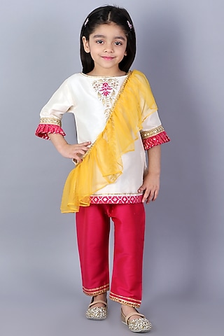 Off-White Raw Silk Zari Embroidered Kurta Set For Girls by The little tales