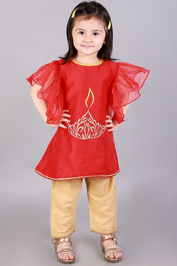 Red Embroidered Kurta Set For Girls by The little tales