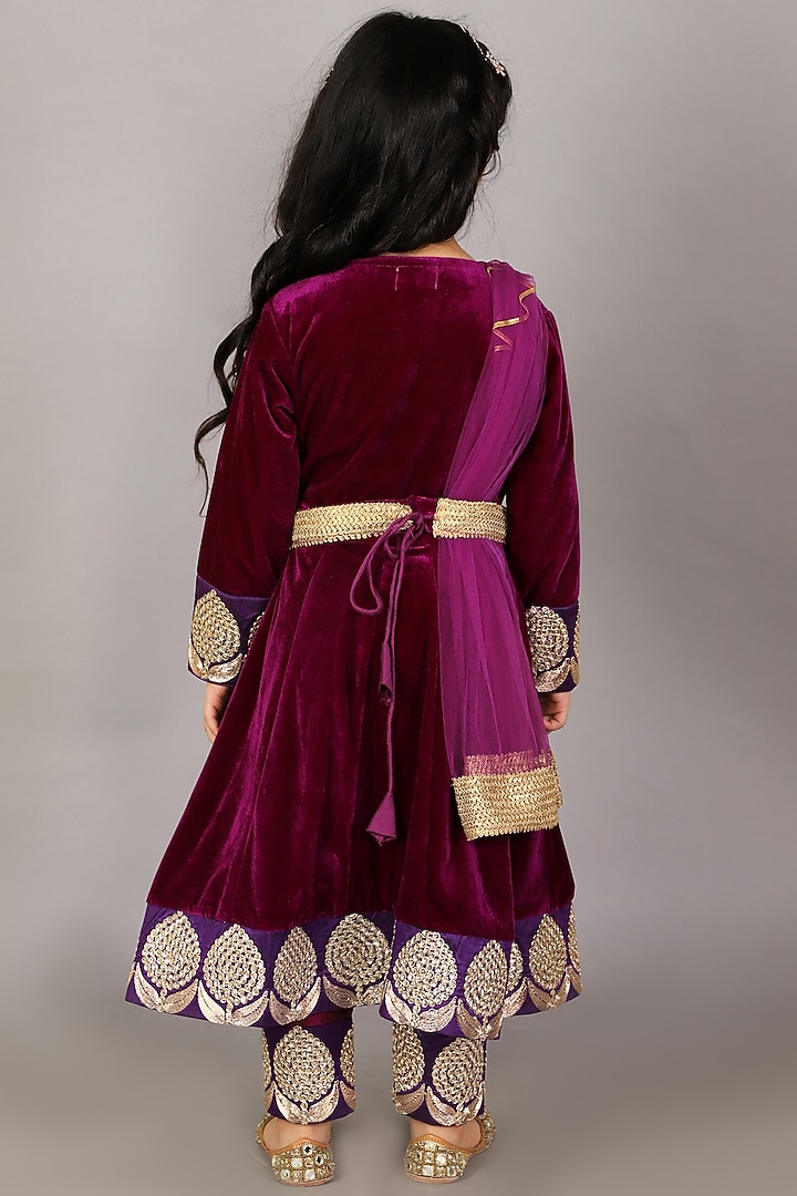 Purple Velvet Embroidered Anarkali Set For Girls by The little tales at Pernia's Pop Up Shop