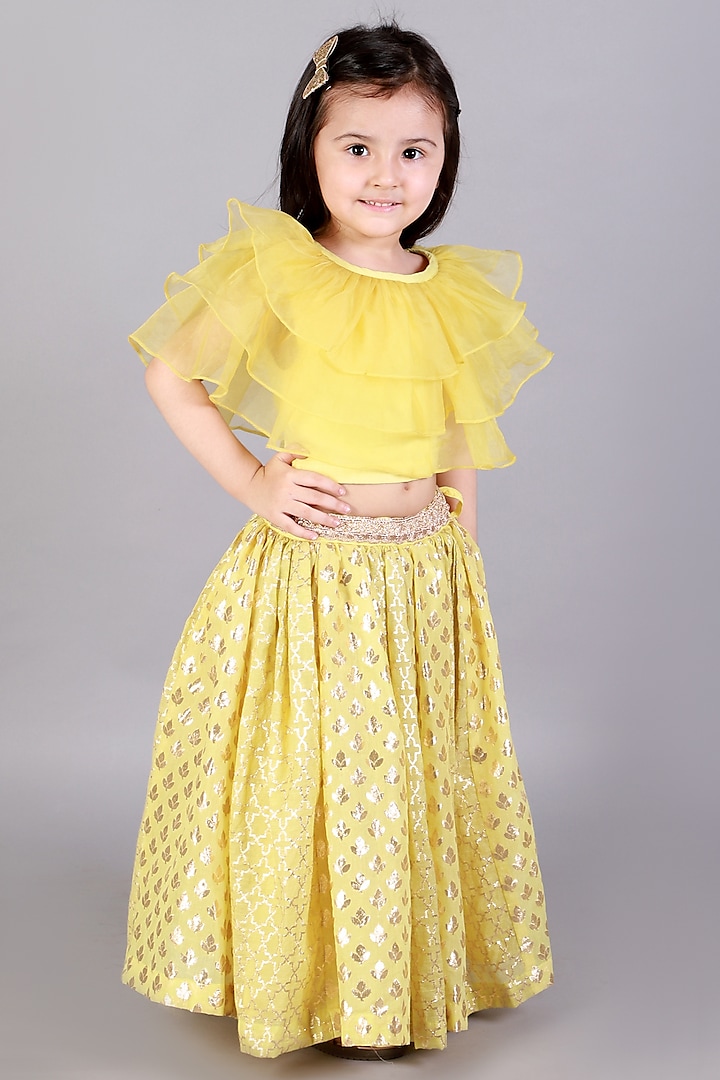 Lime Yellow Cotton Zari Lehenga Set For Girls by The little tales at Pernia's Pop Up Shop