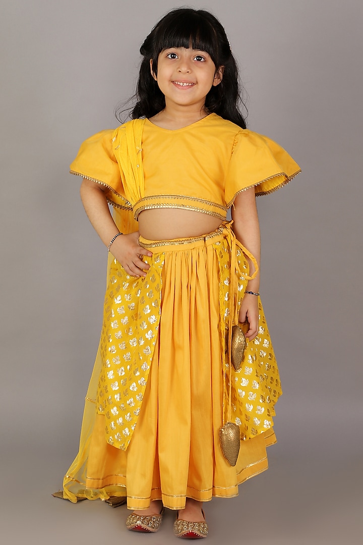 Mustard Yellow Cotton Silk Lehenga Set For Girls by The little tales at Pernia's Pop Up Shop