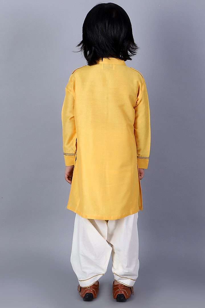Mustard Cotton Silk Embroidered Kurta Set For Boys by The little tales at Pernia's Pop Up Shop