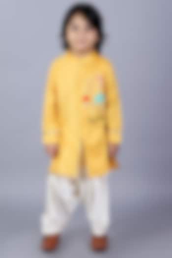 Mustard Yellow Embroidered Kurta Set For Boys by The little tales at Pernia's Pop Up Shop