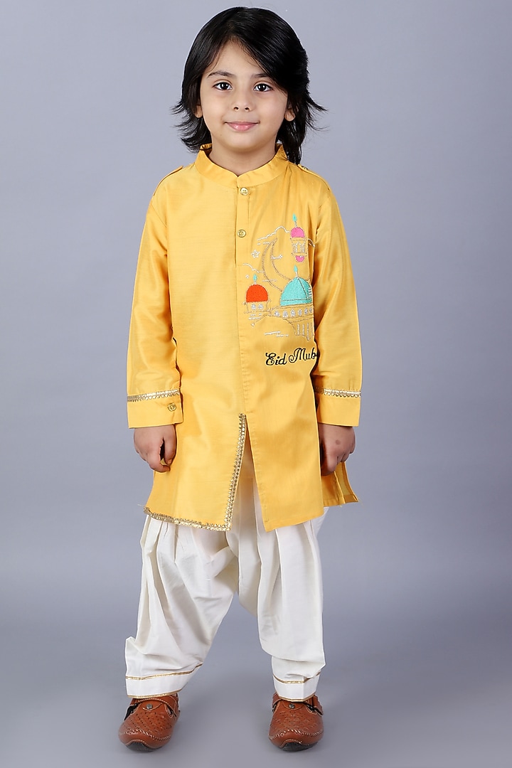 Mustard Yellow Embroidered Kurta Set For Boys by The little tales at Pernia's Pop Up Shop