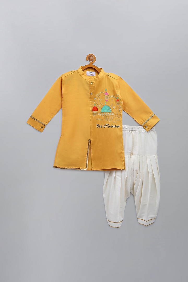 Mustard Cotton Silk Embroidered Kurta Set For Boys by The little tales at Pernia's Pop Up Shop