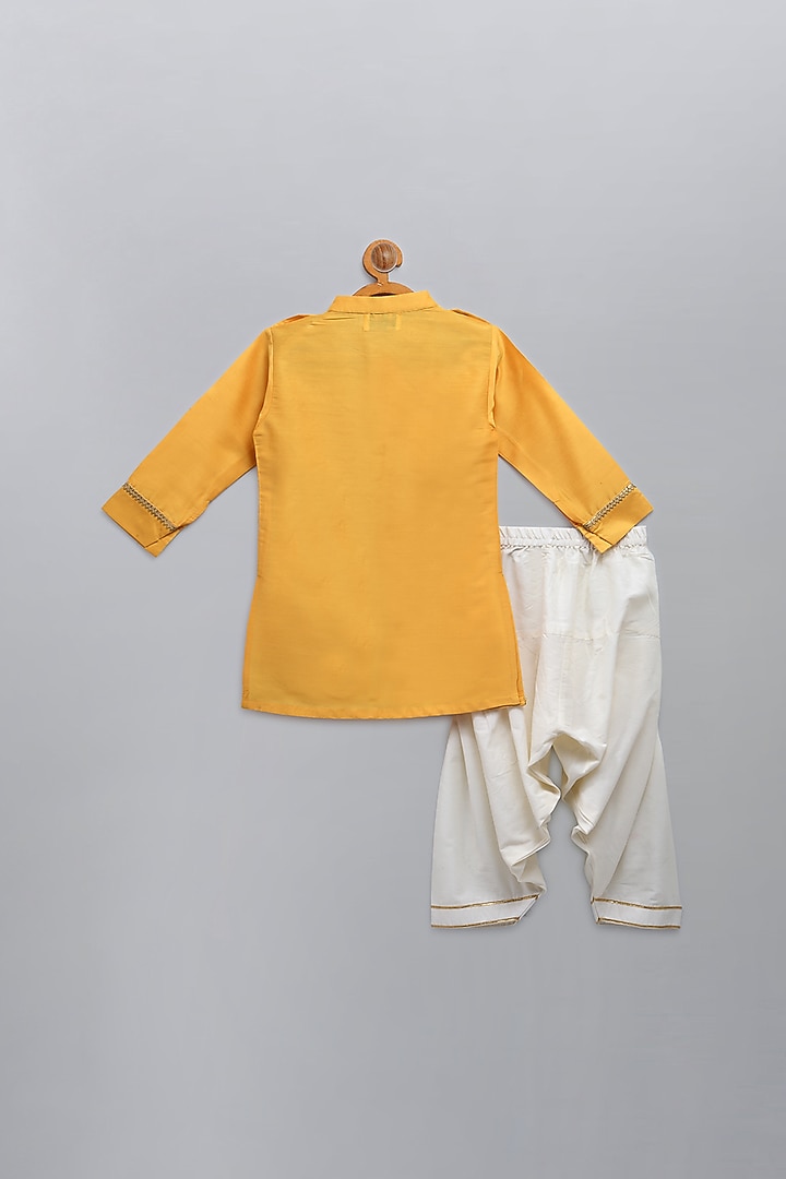 Mustard Cotton Silk Embroidered Kurta Set For Boys by The little tales at Pernia's Pop Up Shop
