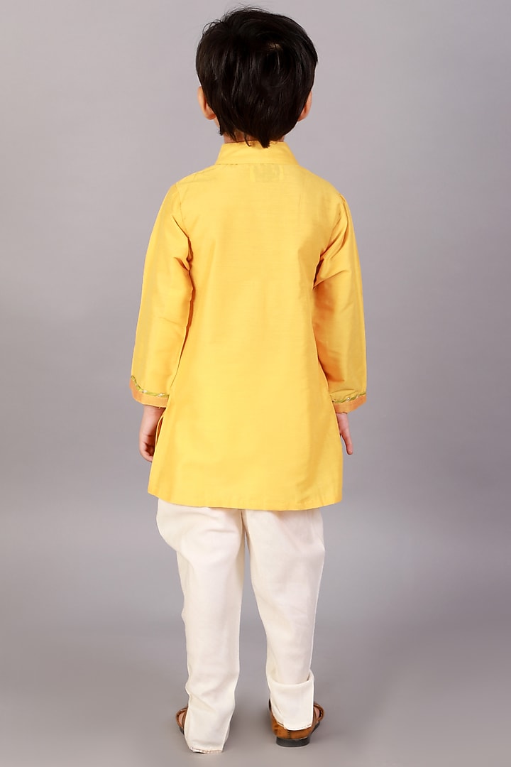 Mustard Cotton Silk Embroidered Kurta Set For Boys by The little tales at Pernia's Pop Up Shop