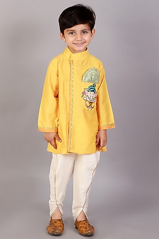Mustard Cotton Silk Embroidered Kurta Set For Boys by The little tales
