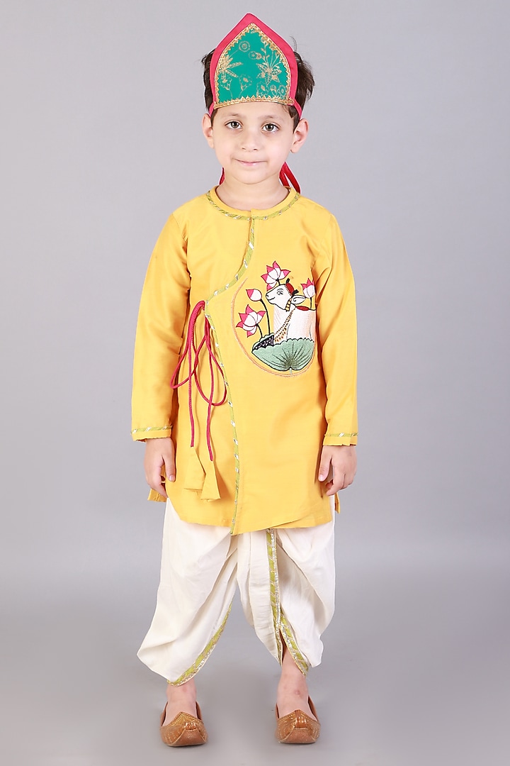 Mustard Yellow Embroidered Angrakha Kurta Set For Boys by The little tales at Pernia's Pop Up Shop