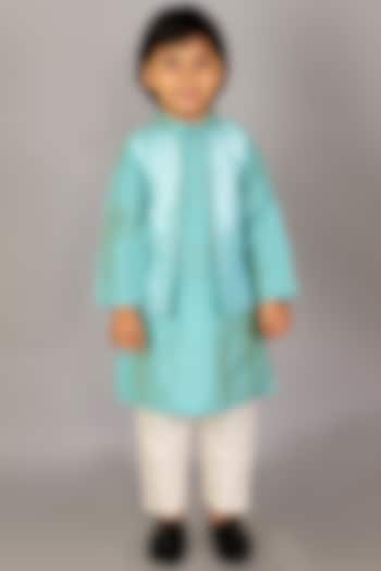 Light Teal Blue Kurta Set With Attached Jacket For Boys by The little tales at Pernia's Pop Up Shop