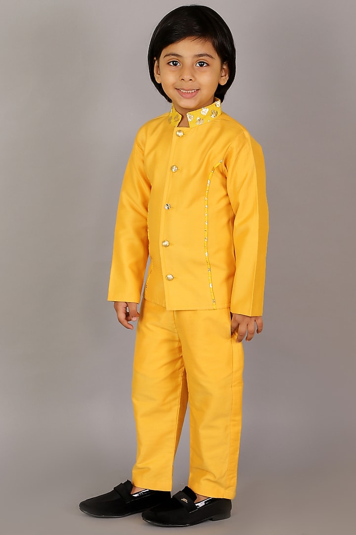 Mustard Yellow Bandhgala Jacket Set For Boys by The little tales at Pernia's Pop Up Shop