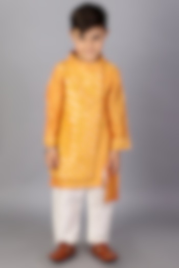 Orange Embroidered Kurta Set With Attached Jacket For Boys by The little tales