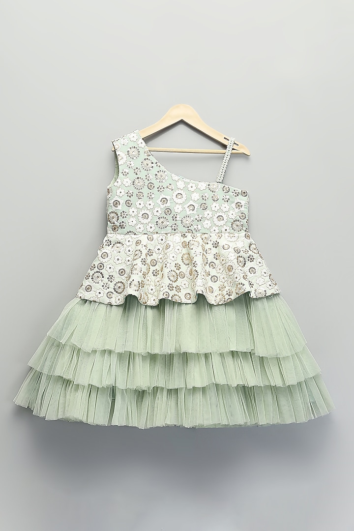 Mint Green Silk & Soft Net Floral Embroidered Ruffled Dress For Girls by The little tales at Pernia's Pop Up Shop