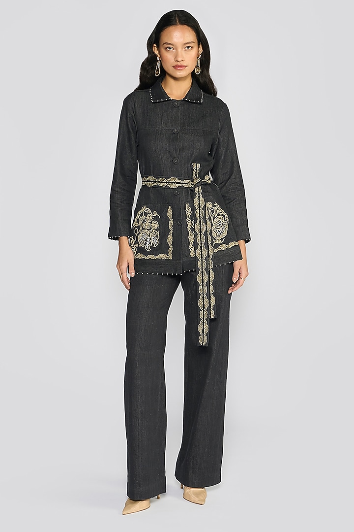 Stone Grey Cotton Denim Embroidered Co-Ord Set by talitha at Pernia's Pop Up Shop