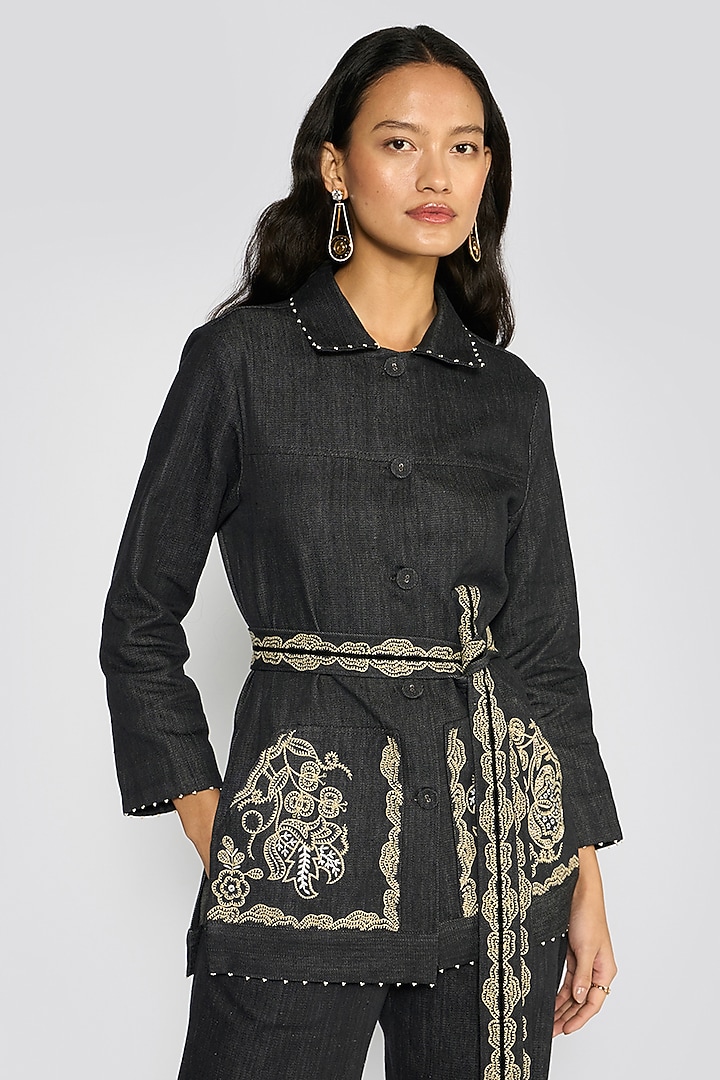 Stone Grey Cotton Denim Embroidered Co-Ord Set by talitha at Pernia's Pop Up Shop