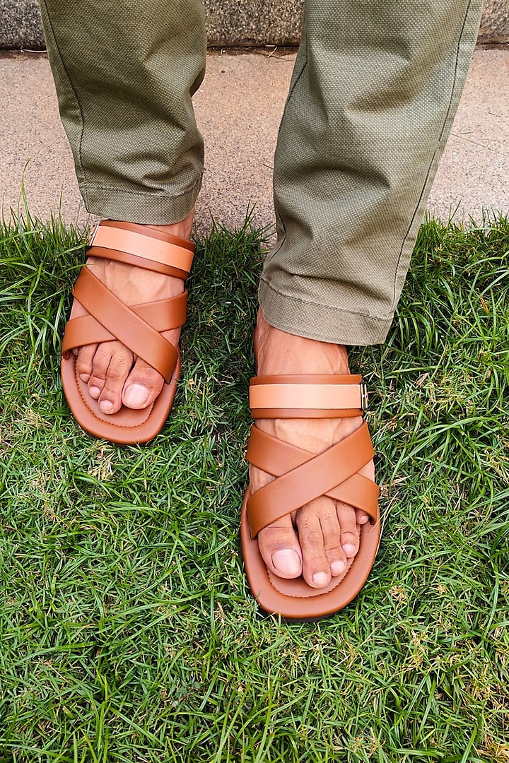 Tan Faux Leather Handcrafted Sandals by The Madras Trunk