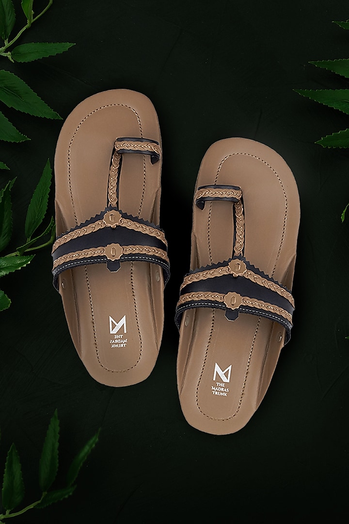 Taupe & Black Faux Leather Handcrafted Kolhapuri Sandals by The Madras Trunk