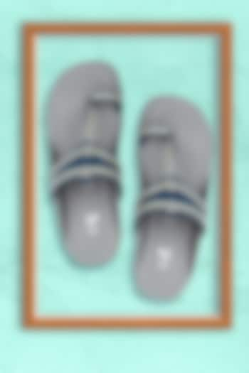 Grey & Dark Blue Faux Leather Handcrafted Kolhapuri Sandals by The Madras Trunk at Pernia's Pop Up Shop