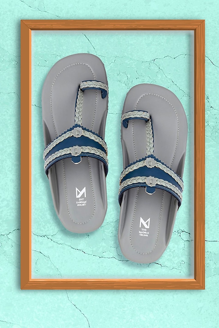 Grey & Dark Blue Faux Leather Handcrafted Kolhapuri Sandals by The Madras Trunk