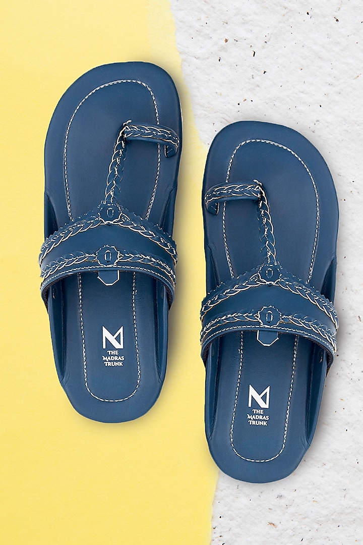 Dark Blue Faux Leather Handcrafted Kolhapuri Sandals by The Madras Trunk at Pernia's Pop Up Shop