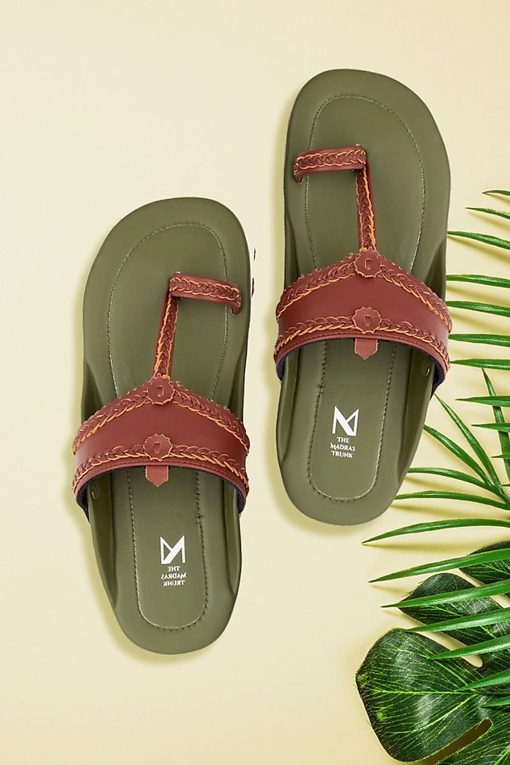 Olive Green & Brown Faux Leather Handcrafted Kolhapuri Sandals by The Madras Trunk at Pernia's Pop Up Shop