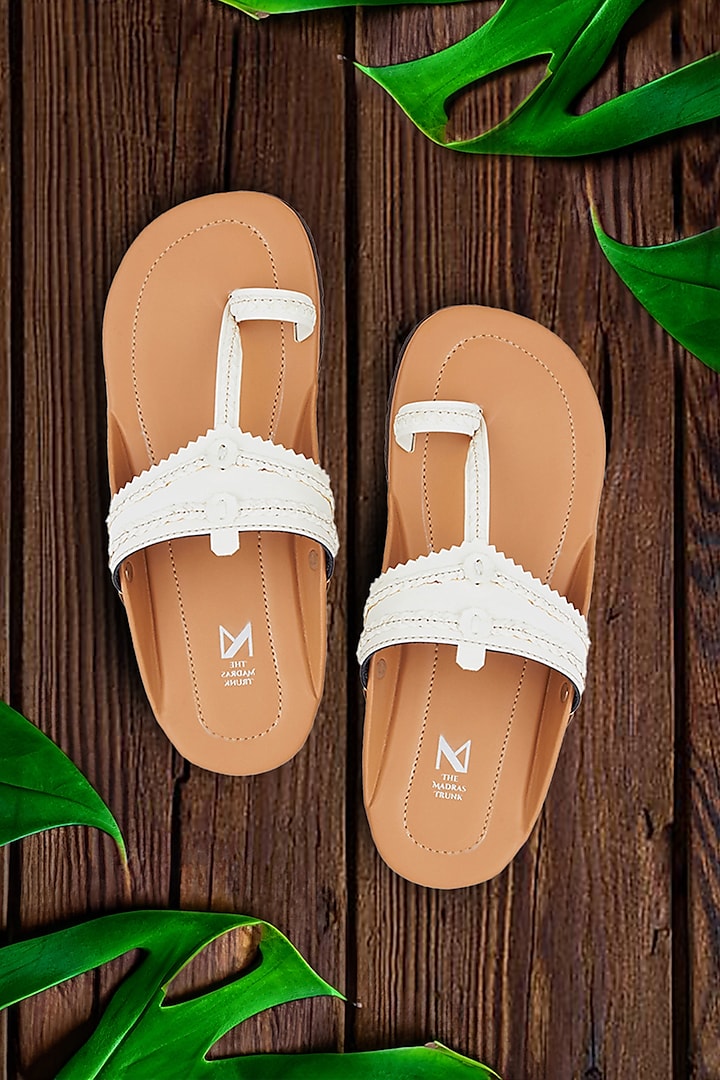 Tan & White Faux Leather Handcrafted Kolhapuri Sandals by The Madras Trunk