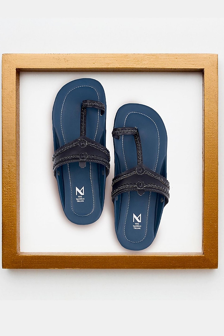 Dark Blue & Black Faux Leather Handcrafted Kolhapuri Sandals by The Madras Trunk at Pernia's Pop Up Shop