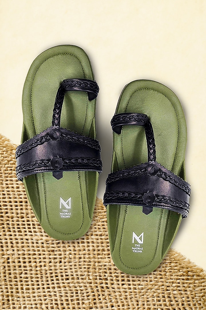 Olive Green & Black Faux Leather Handcrafted Kolhapuri Sandals by The Madras Trunk