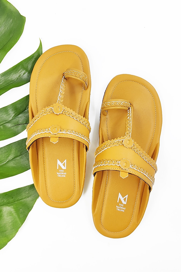 Yellow Faux Leather Handcrafted Kolhapuri Sandals by The Madras Trunk