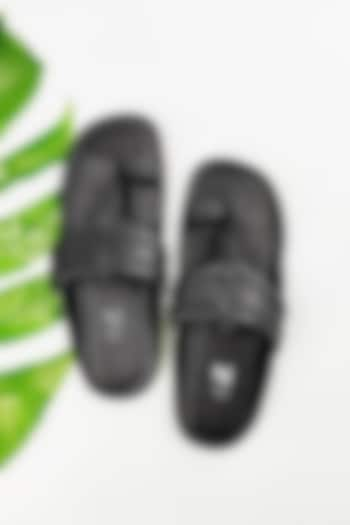 Black Faux Leather Handcrafted Kolhapuri Sandals by The Madras Trunk at Pernia's Pop Up Shop