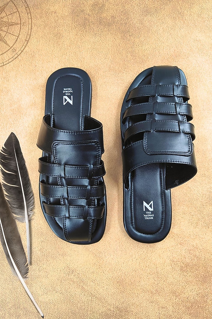 Black Faux Leather Handcrafted Sandals by The Madras Trunk