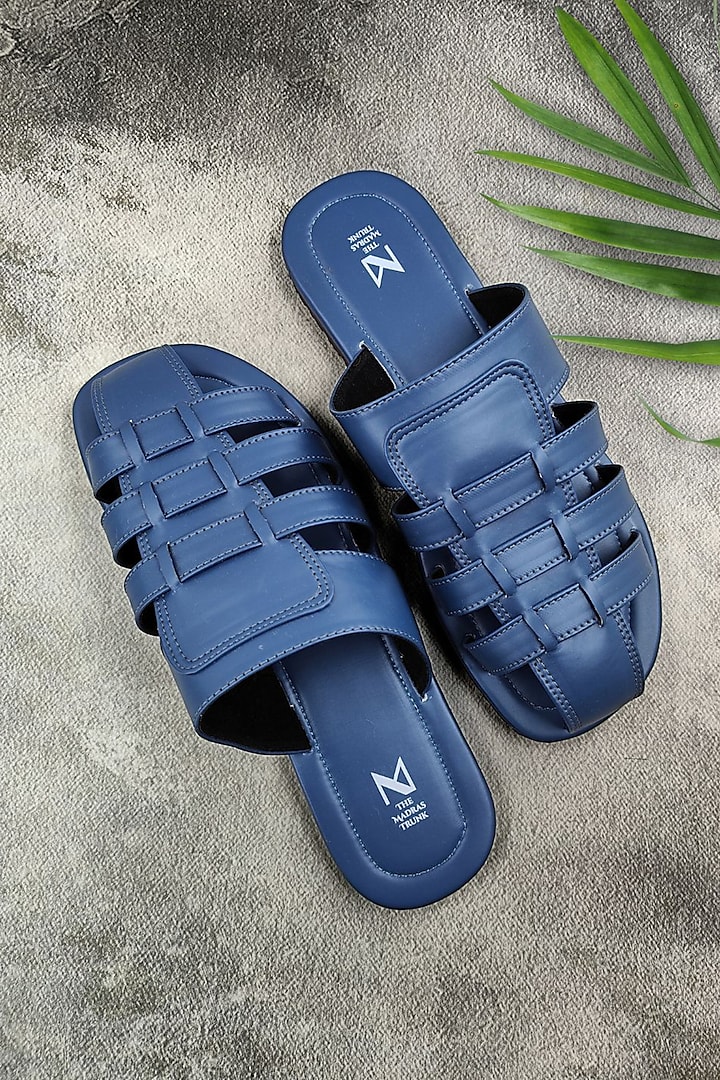 Blue Faux Leather Handcrafted Sandals by The Madras Trunk