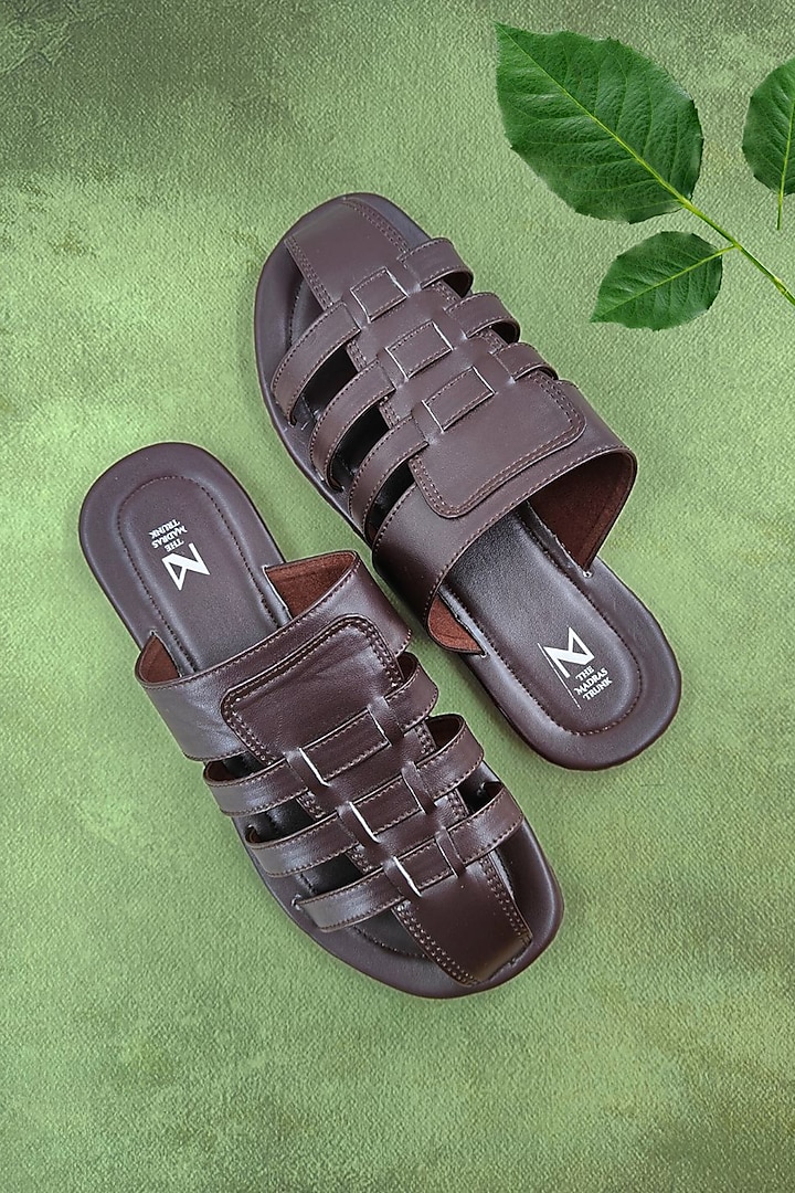 Dark Brown Faux Leather Handcrafted Sandals by The Madras Trunk