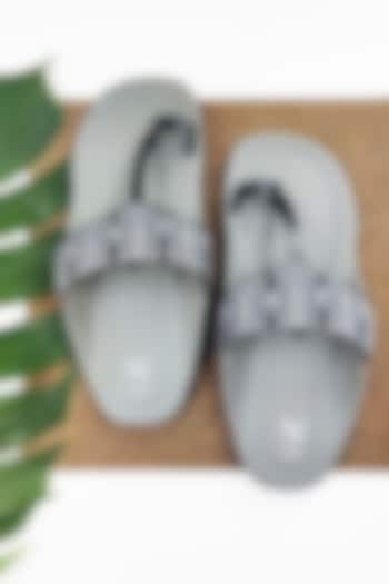 Grey & Black Faux Leather Handcrafted Kolhapuri Sandals by The Madras Trunk at Pernia's Pop Up Shop