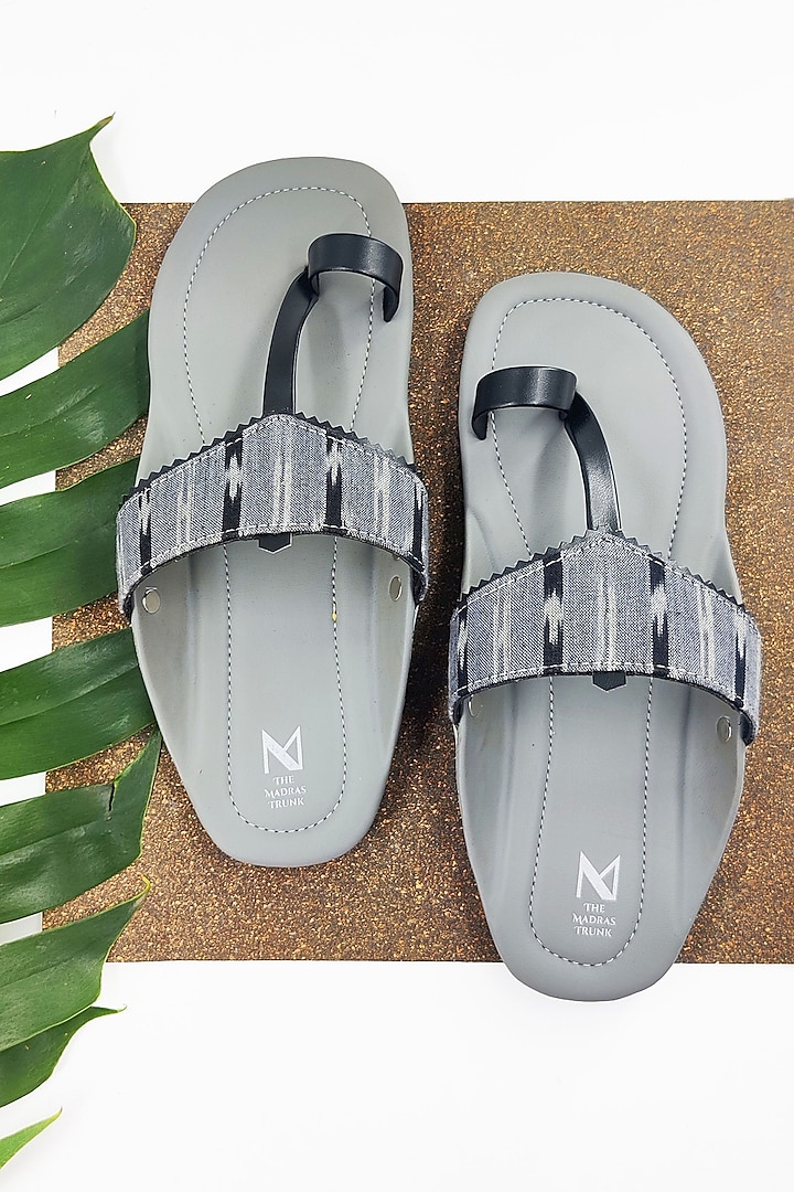 Grey & Black Faux Leather Handcrafted Kolhapuri Sandals by The Madras Trunk