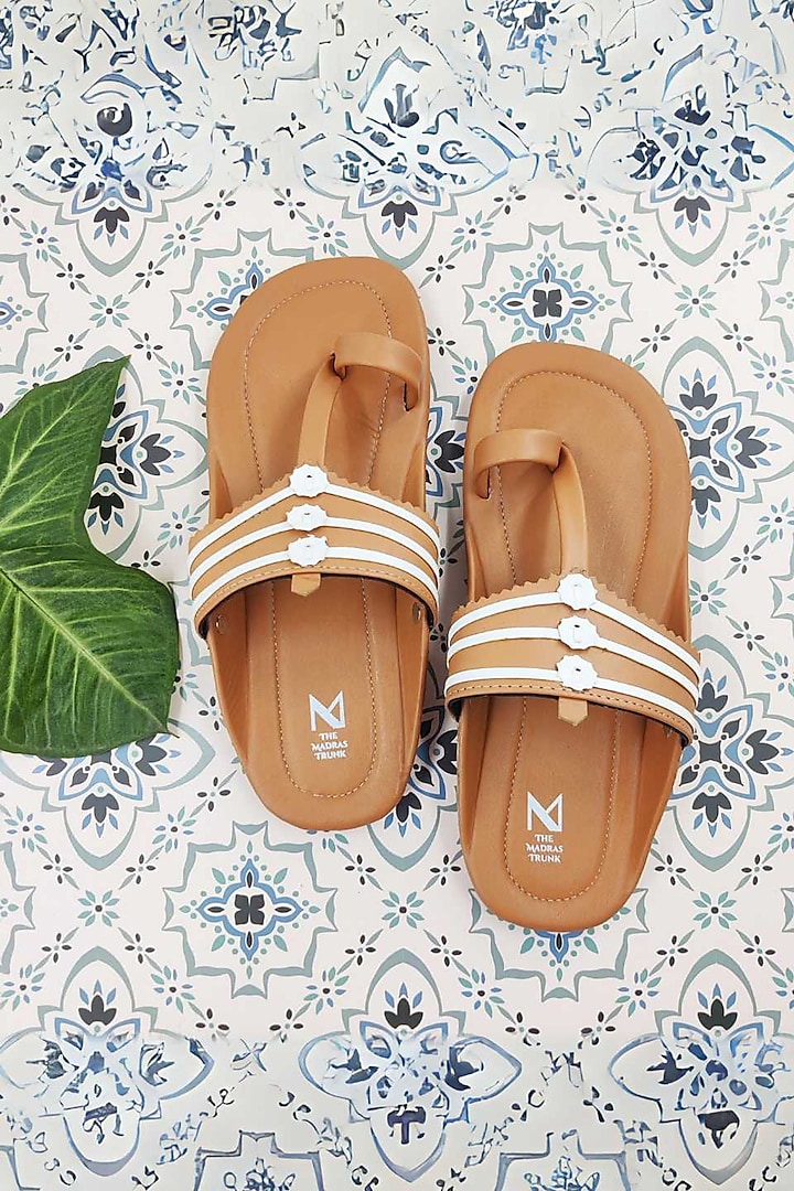 Tan & White Faux Leather Handcrafted Kolhapuri Sandals by The Madras Trunk at Pernia's Pop Up Shop