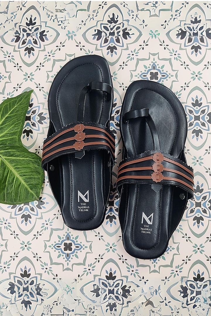 Black & Brown Faux Leather Handcrafted Kolhapuri Sandals by The Madras Trunk at Pernia's Pop Up Shop