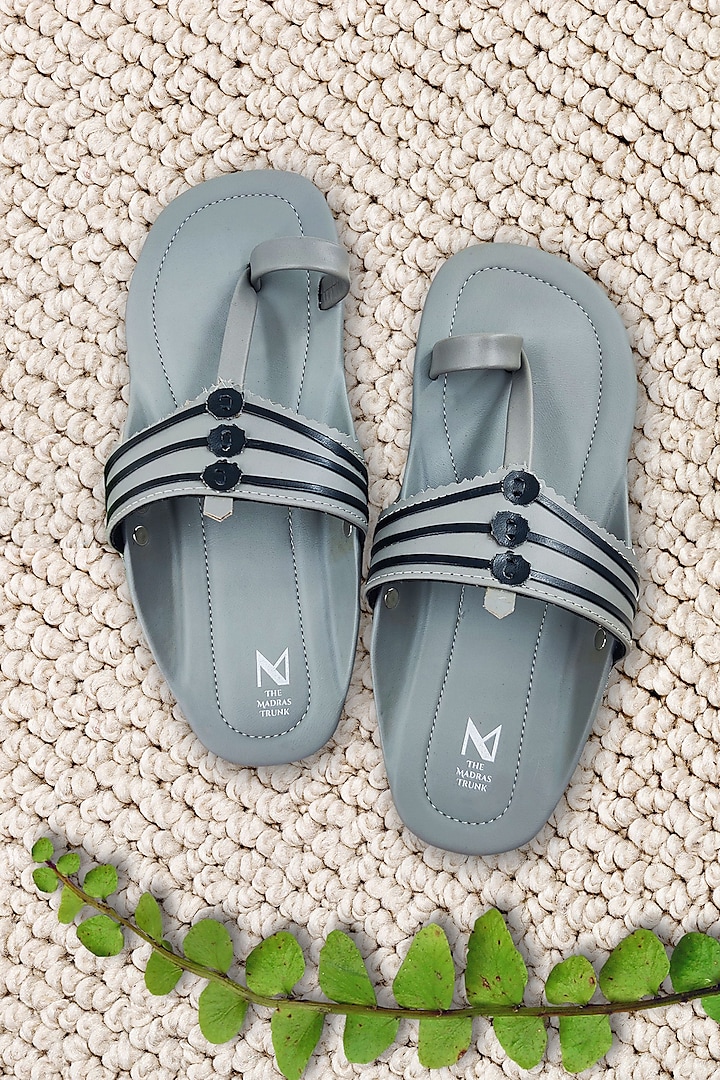 Grey & Black Faux Leather Handcrafted Kolhapuri Sandals by The Madras Trunk