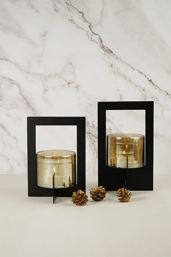 Black & Gold Glass Tealight Hurricane Set by The MJS Living at Pernia's Pop Up Shop