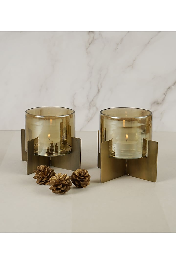 Gold Iron & Glass Hurricane Tea-Light Holder Set by The MJS Living