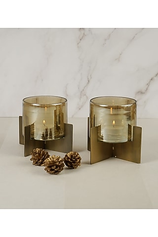 Gold Iron & Glass Hurricane Tea-Light Holder Set by The MJS Living
