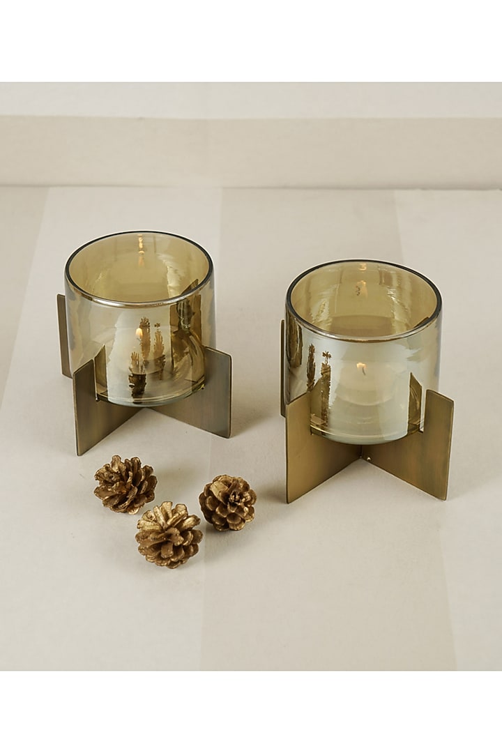 Gold Iron & Glass Hurricane Tea-Light Holder Set by The MJS Living at Pernia's Pop Up Shop