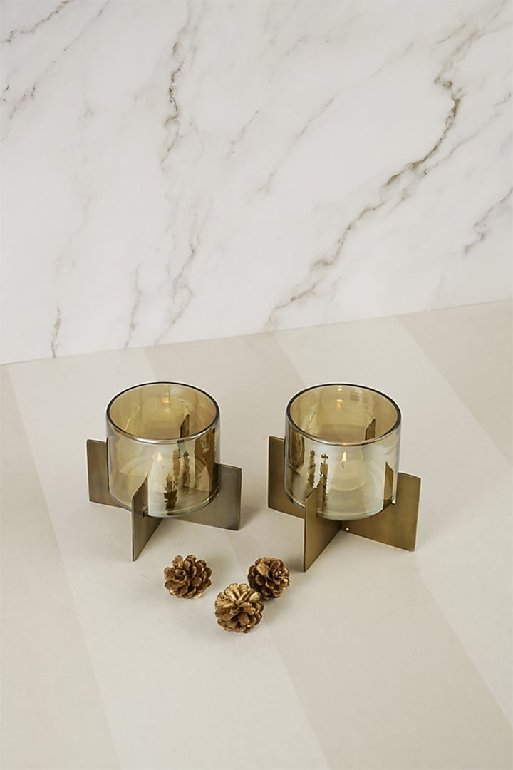 Gold Iron & Glass Hurricane Tea-Light Holder Set by The MJS Living at Pernia's Pop Up Shop