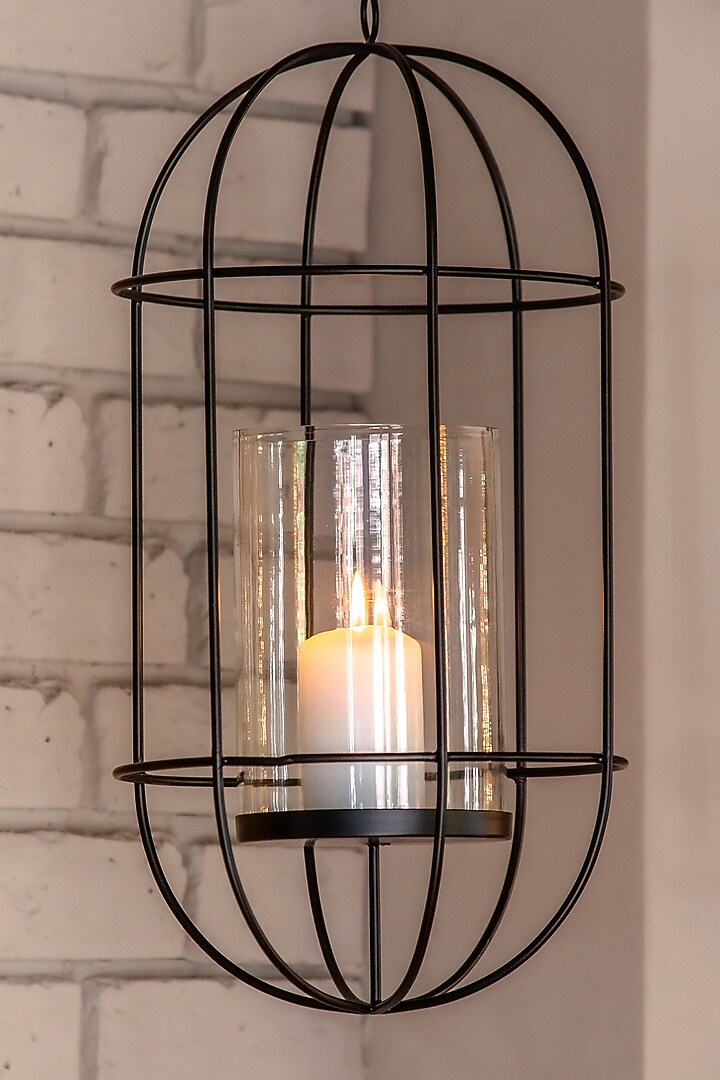 Black Iron & Glass Hanging Cage Lantern (Set of 2) by The MJS Living at Pernia's Pop Up Shop