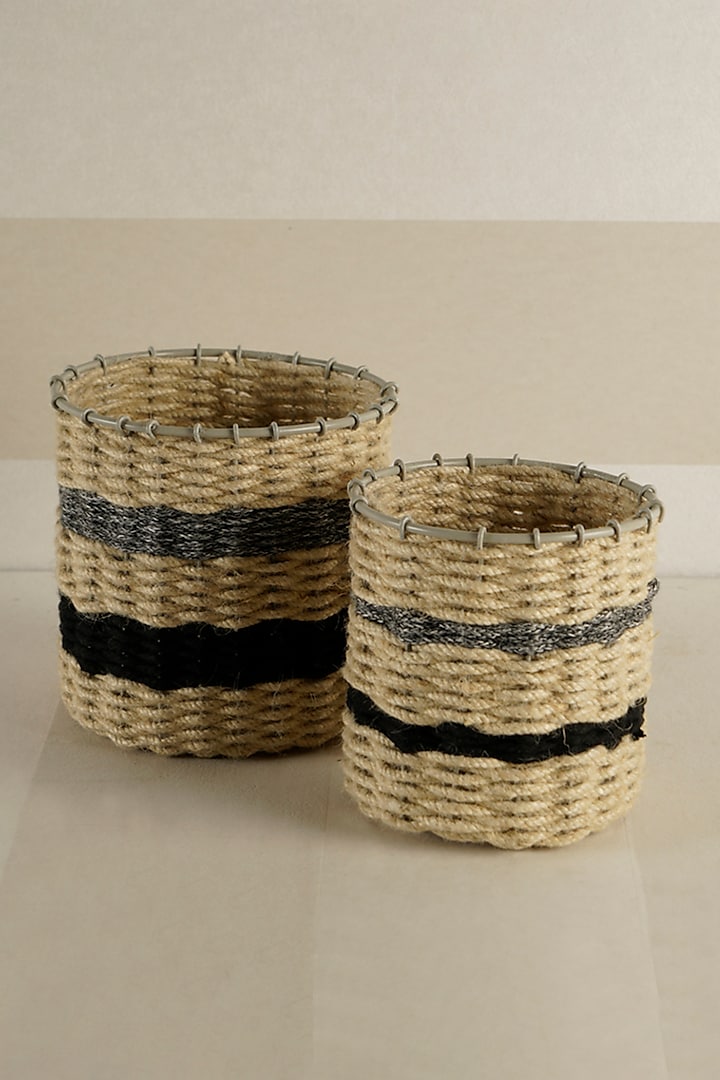Beige Jute & Cotton Thread Crochet Basket Set by The MJS Living