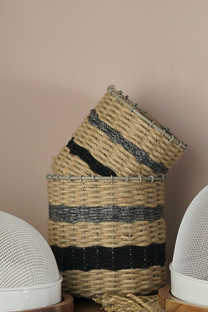 Beige Jute & Cotton Thread Crochet Basket Set by The MJS Living at Pernia's Pop Up Shop